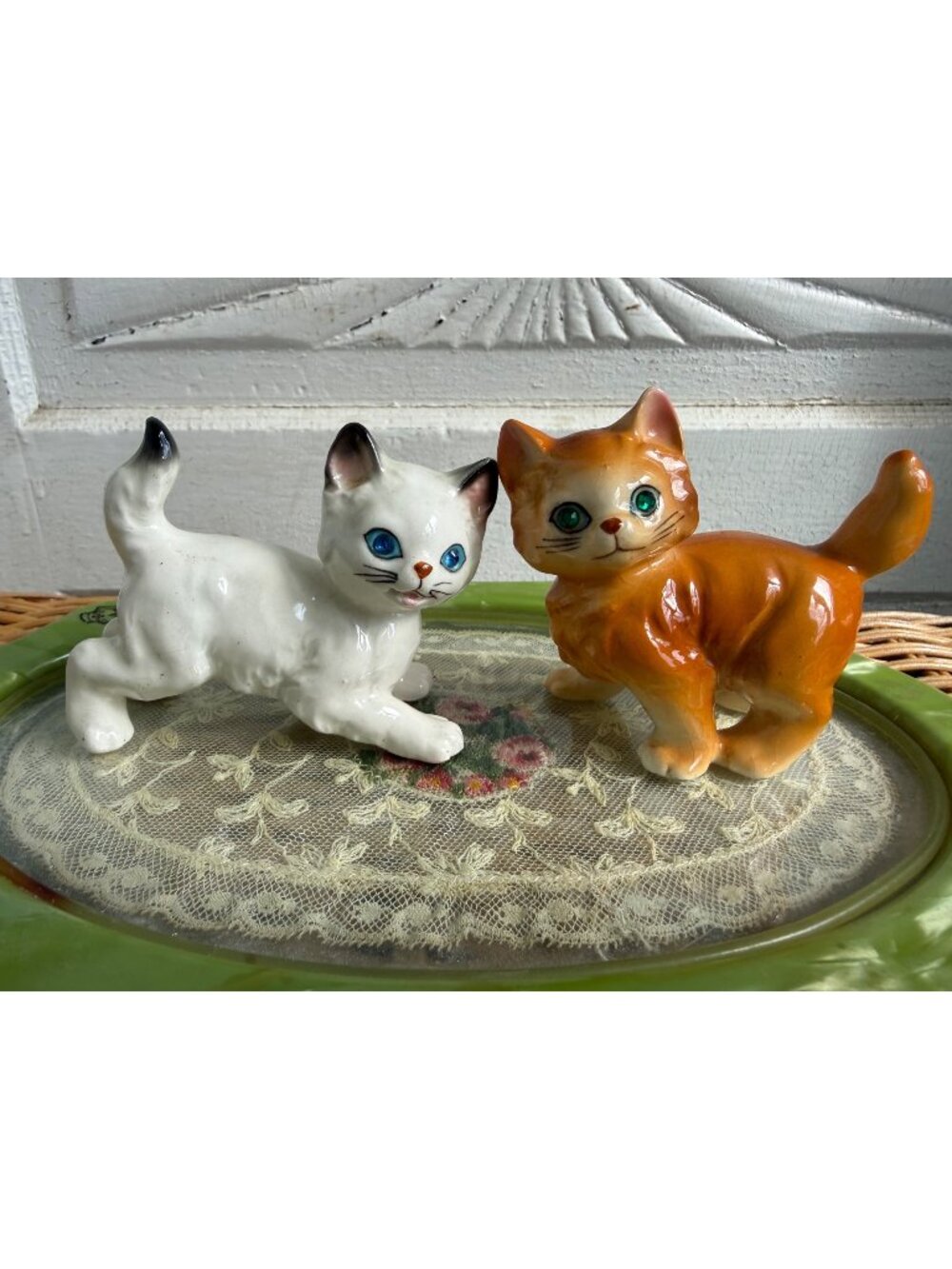 Vintage 1950s Pair Cat Figurines Orange Tabby White Cat Rhinestone Eyes